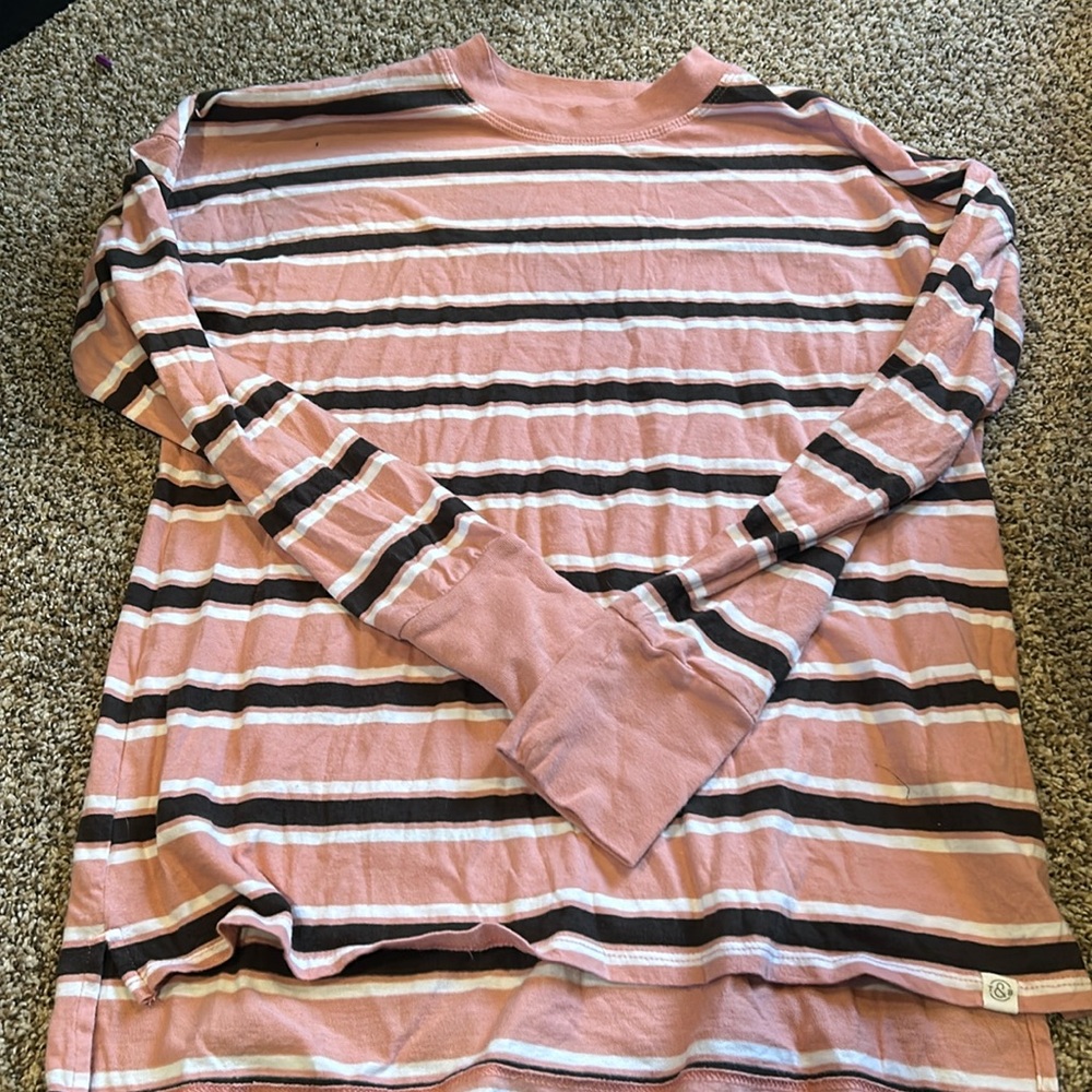 Rose/gray striped mock neck long sleeve shirt.